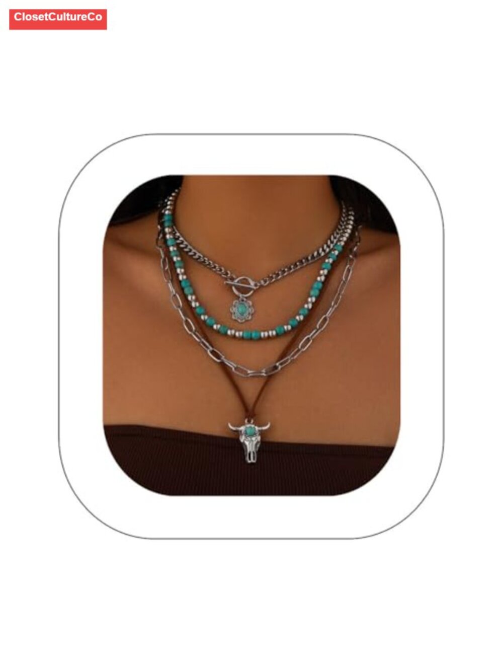 Boho Layered Turquoise Stone Choker Y Necklace Suede Rope Cowboy Hat Charm